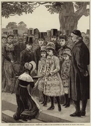 De Zondagscholen bij Lambeth Palace, overhandigen een Bijbel aan de Dochters van de Prins van Wales